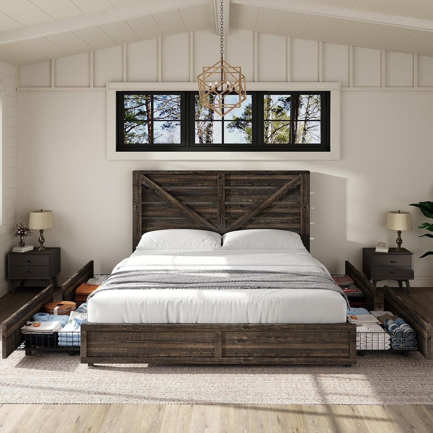 Farmhouse Bed Frame with 4 Drawers, Wooden Storage Bed Frame with Headboard and Heavy Duty Metal Slats, Noisy Free, Easy Assemble (Rustic Black, Queen)