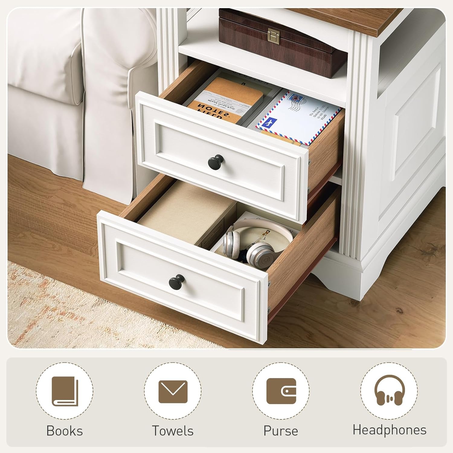 Farmhouse End Table with Charging Station, Large Side Table with Drawers and Open Shelf, Square Rustic Wooden Nightstand for Living Room, White and Walnut