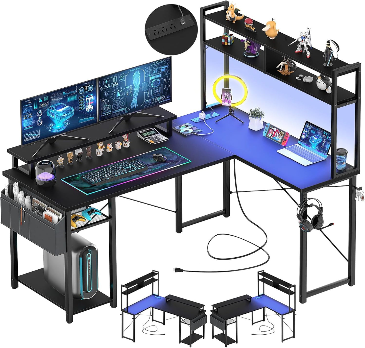 Small L Shaped Gaming Desk with LED Lights & Power Outlets, Reversible L-Shaped Computer Desk with Monitor Stand & Storage Shelf, Corner Desks Home Office Desk with Storage Bag, Black