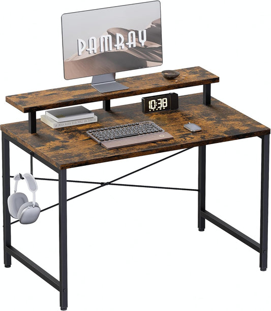 32 Inch Small Computer Desk with Monitor Stand, Simple Office Desk with Headphone Hook for Small Spaces, Kids Study Writing Table for Bedroom, Vintage