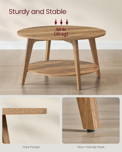 MAEZO Collection - round Coffee Table, 2-Tier Center Table with Storage, Tapered Legs, Curved Transitions, 31.5 Dia. X 17.7 H Inches, Easy Assembly, for Living Room, Honey Brown ULCT243K41