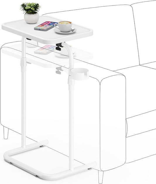 C Shaped End Table with Tiltable Surface, Adjustable Height Side Table, Slide under Couch Table TV Tray for Eating, Sofa Tray for Livingroom, Bedroom White TB01BW091