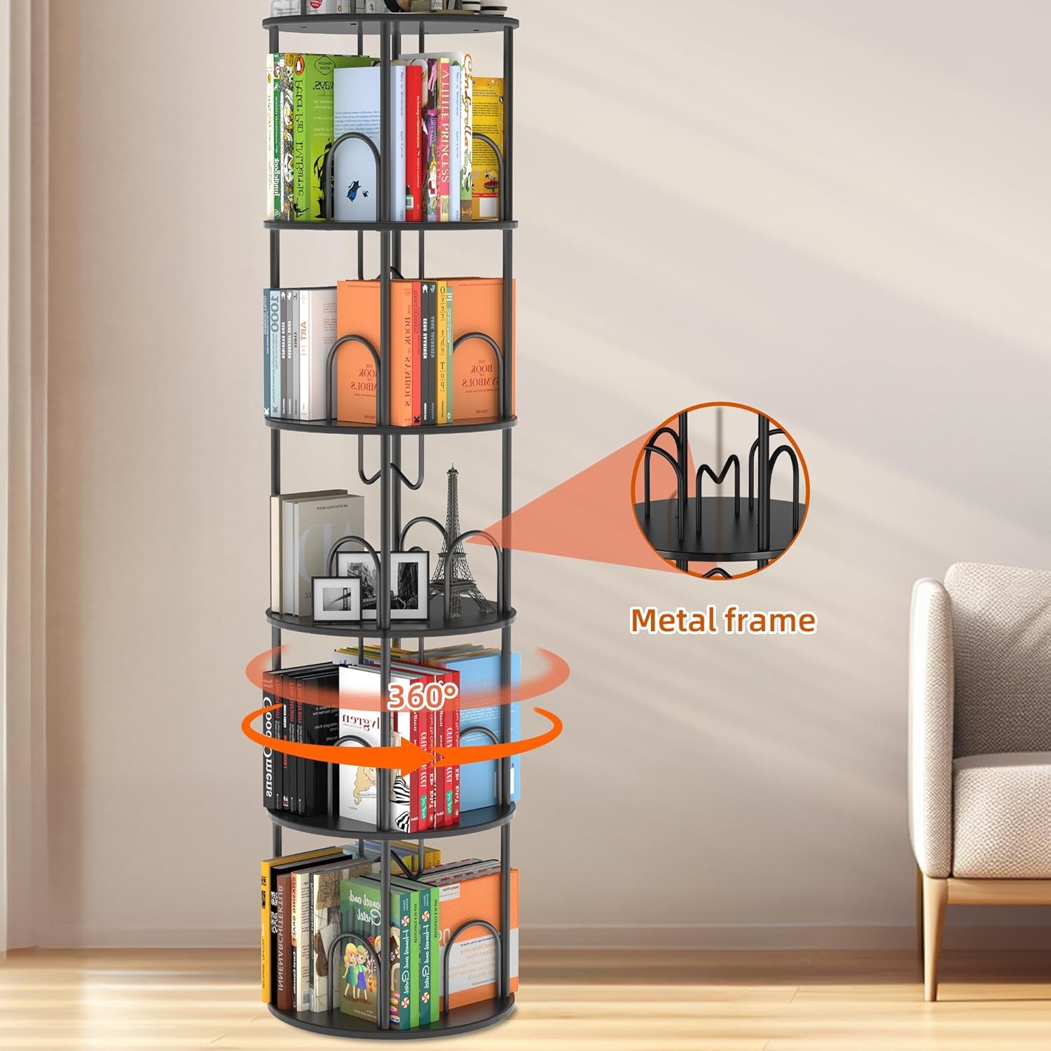 3 Tier Rotating Bookshelf, 360° Spinning Bookshelf Tower, round Narrow Space Saving for Books and Display, Revolving Bookcase Corner Tall Book Shelf for Small Spaces, Bedroom, Living Room, Gold