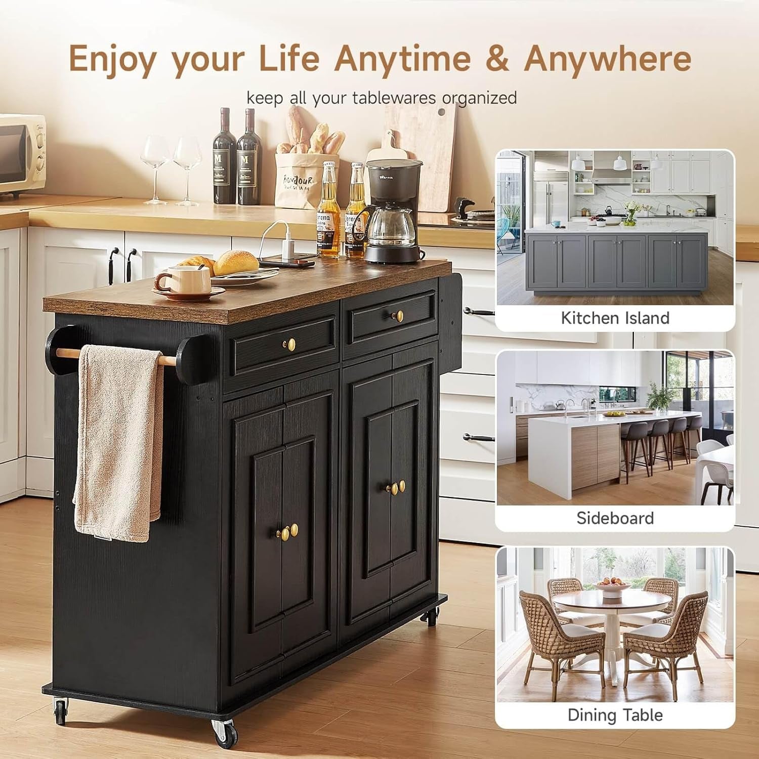 58" Mobile Kitchen Island, Kitchen Island Cart with Power Outlet, Island Table for Kitchen, Home Bar Carts with Storage, Kitchen Rolling Island with Spice Rack & Towel Rack & Knife Holder