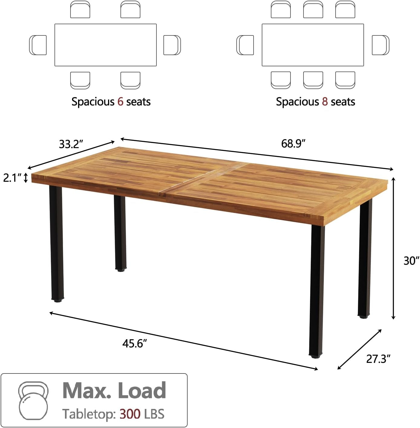 Dining Table for 6-8 People, 70" Acacia Wood Rustic Rectangular Dinner Table with Metal Frame, Sandblast Finish, Natural Stained, Indoor Outdoor Kitchen Dining Room Table Large 70X33.2X30 Inch