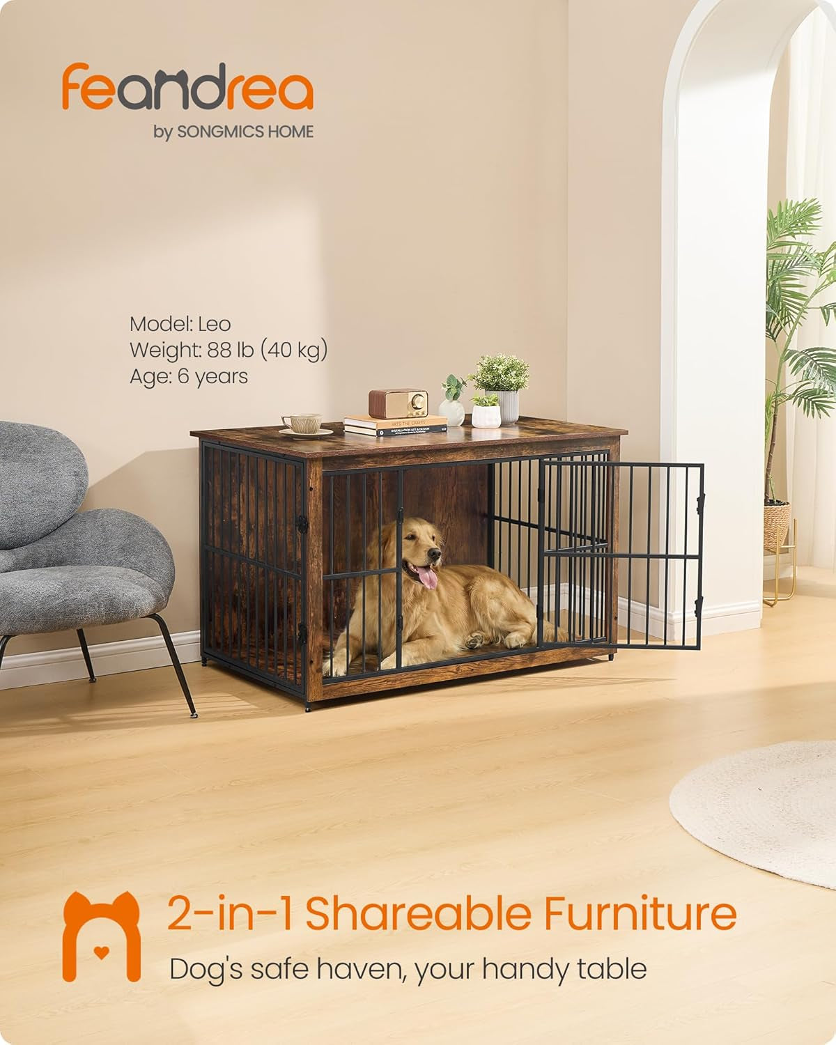 Wooden Dog Crate Furniture, 48 Inches Heavy-Duty Kennel for Dogs up to 110 Lb, with Double Doors and Enclosed Wood Base, Modern Pet Cage End Table Indoor, Rustic Brown
