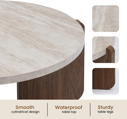 Modern round Coffee Table with Sturdy Base, Wood Center Tables for Living Room Reception Room, Faux Marble Tabletop, Easy Assemble