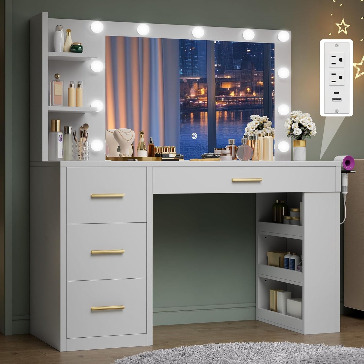 Makeup Vanity Desk with Mirror & Lights, 40Inch Vanity Table with Power Outlets, 4 Drawers & 6 Open Storage Shelves, 3 Color Modes & Adjustable Brightness Dressing Table for Bedroom, White