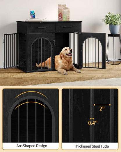 39.4'' Dog Crate Furniture with 2 Drawers, Indoor Dog Kennel with Charging Station, Wooden Dog Cage Side End Table Kennel for Medium/Large Dogs, Rustic Brown DFC84201B