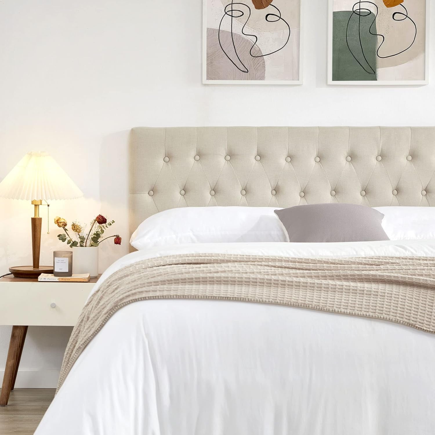Headboards for King Size Bed in Modern Button Design, Premium Linen Fabric Upholstered Tufted Bed Headboard, Adjustable Solid Wood Head Board, Beige