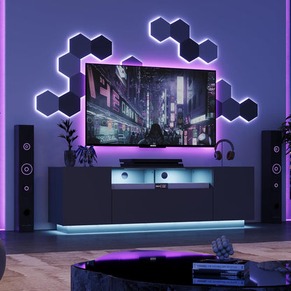 Modern TV Stand for 65 Inch TV, Entertainment Center with LED Lights & Large Storage Cabinets, Sturdy Media Console for Living Room, Bedroom, Gaming(Black)