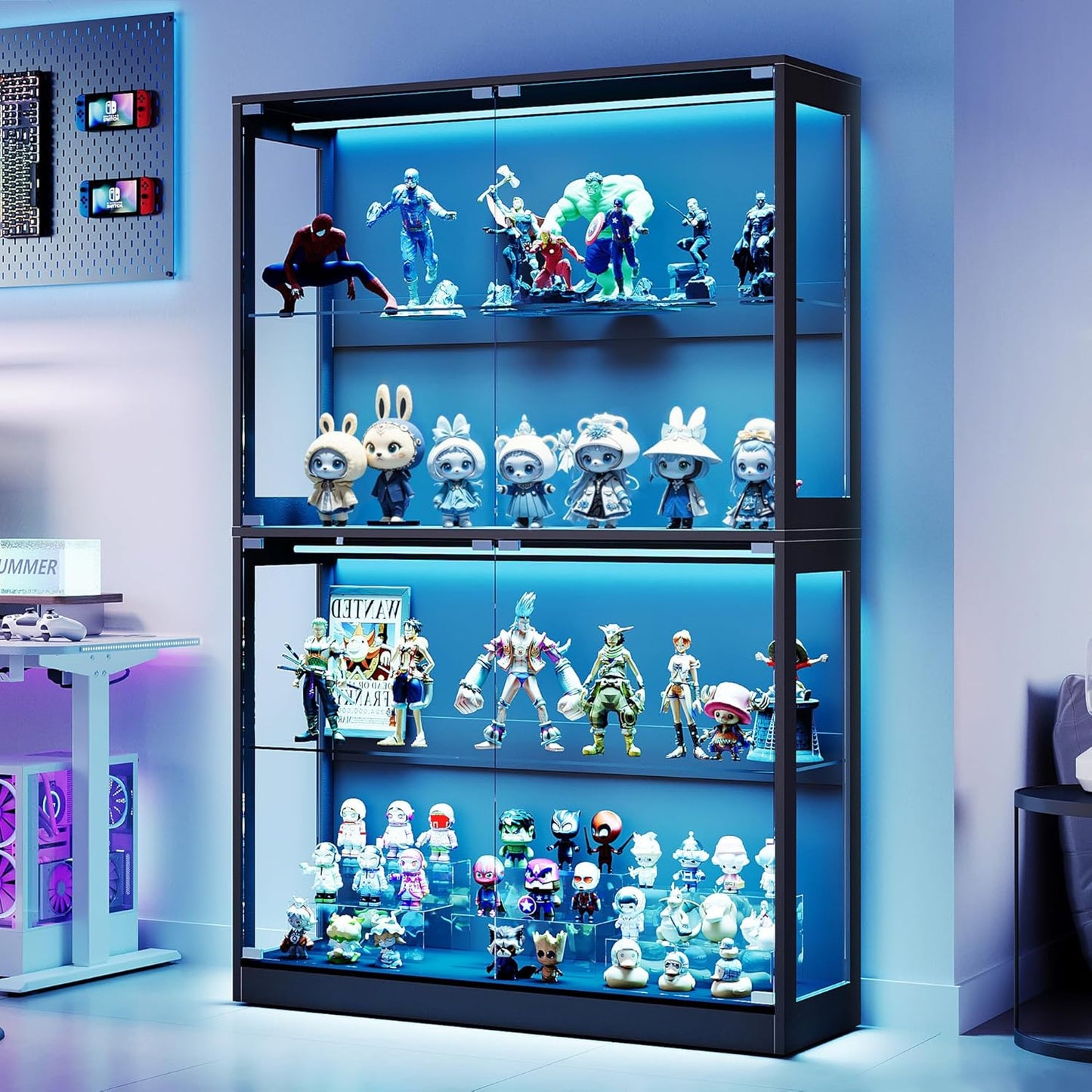 RGB Display Cabinet with Adjustable Glass Shelves, 4-Tier Storage Case with LED Lights & Press-To-Open Doors, Modern Display Shelf for Collectibles, Black 70" H×45" L×16" D