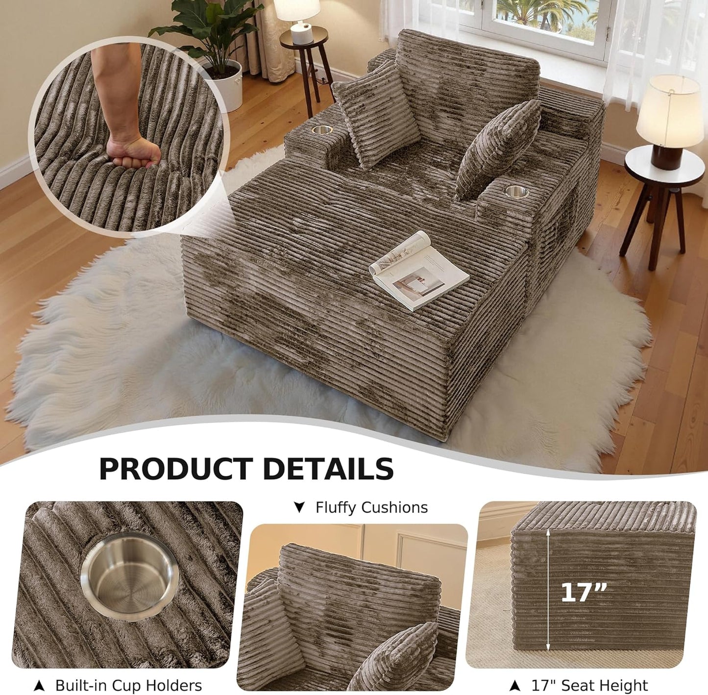 67 Chaise Lounge Chair Indoor,Oversized Boneless Single Sleeeper Couch Bed,Corduroy Cloud Sofa with 3 Soft Pillows for Livingroom,Bedroom,No Assembly,(Khaki)