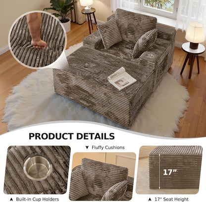 67 Chaise Lounge Chair Indoor,Oversized Boneless Single Sleeeper Couch Bed,Corduroy Cloud Sofa with 3 Soft Pillows for Livingroom,Bedroom,No Assembly,(Khaki)
