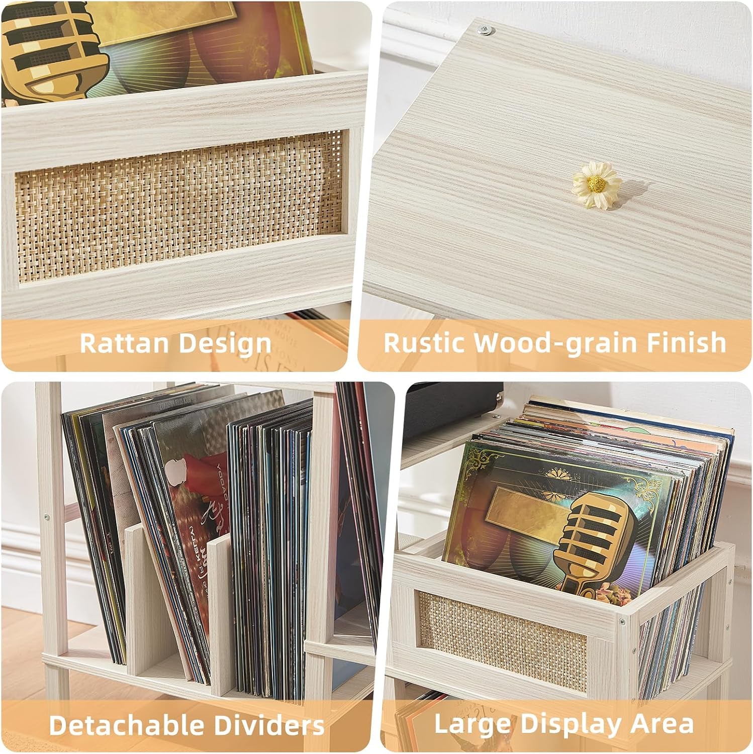 Record Player Stand, White Cream Oak Wood Record Holder with Vinyl Storage Holds up to 300+ Albums, 3-Tier Rattan Media Table with Vinyl Display Shelf, Record Storage Cabinet for Living Room