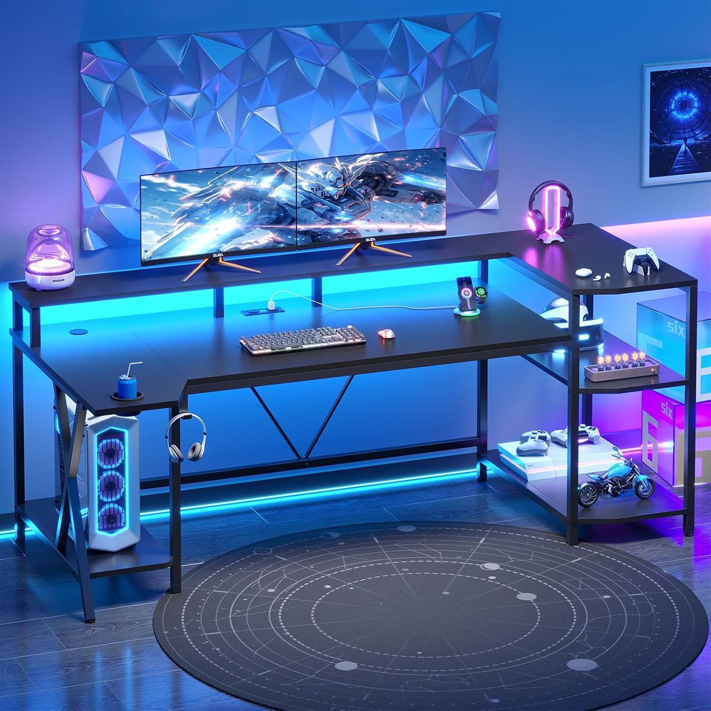 Gaming Desk 70.8'' with LED Lights and Storage Shelves, Computer Desk with Monitor Stand, Power Outlets and Cup Holder, Large PC Gamer Desk, Gaming Table for Bedroom, Living Room, Black