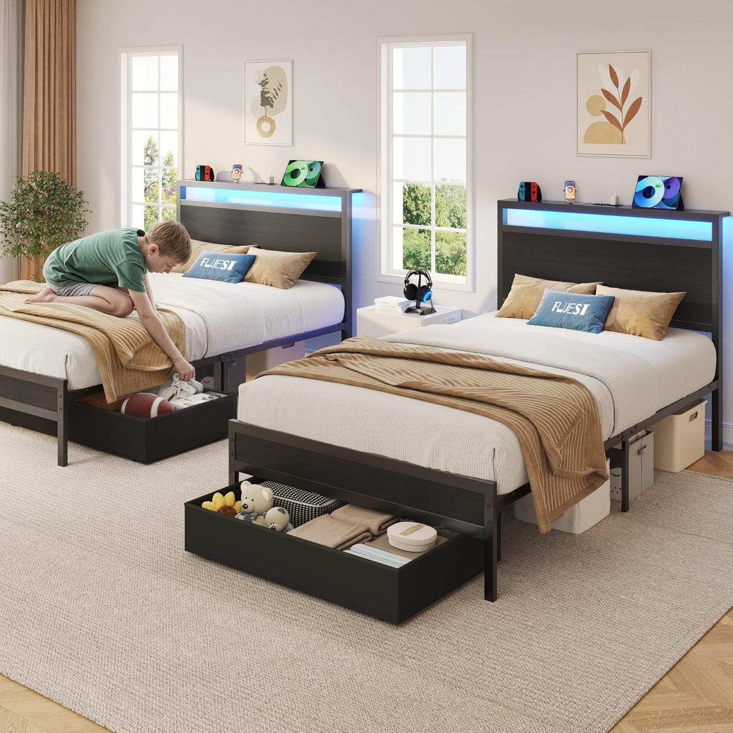 Twin Bed Frame,Twin Bed Frame with Storage Headboard & Storage Drawer, Charging Station & LED Light, No Box Spring Needed, Noise Free, Easy Assembly, Classic Black