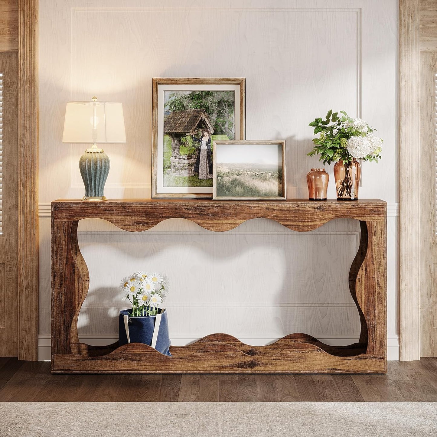 63 Inches Farmhouse Console Table with Storage, Couch Table behind Sofa, Long Entryway Sofa Station, Narrow Console Stand, Hallway Stand for Entryway Living Room, Brown