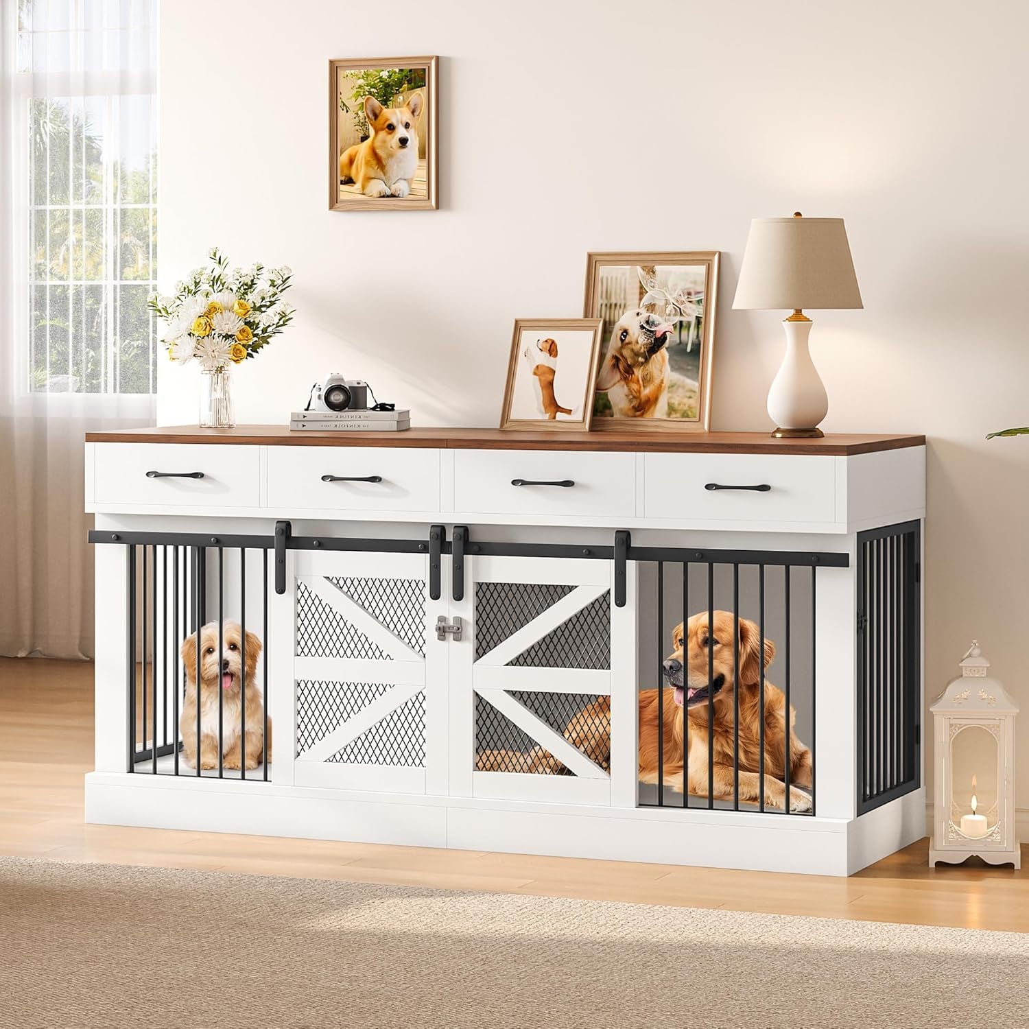 Dog Crate with Hidden Feeder Bowl & 3 Storage Drawers - 47.2" Wooden Dog Cage Indoor with Adjustable Shelf, 2 Doors Dog Kennel Furniture for Medium & Small Dogs, Multi-Functional Pet End Table