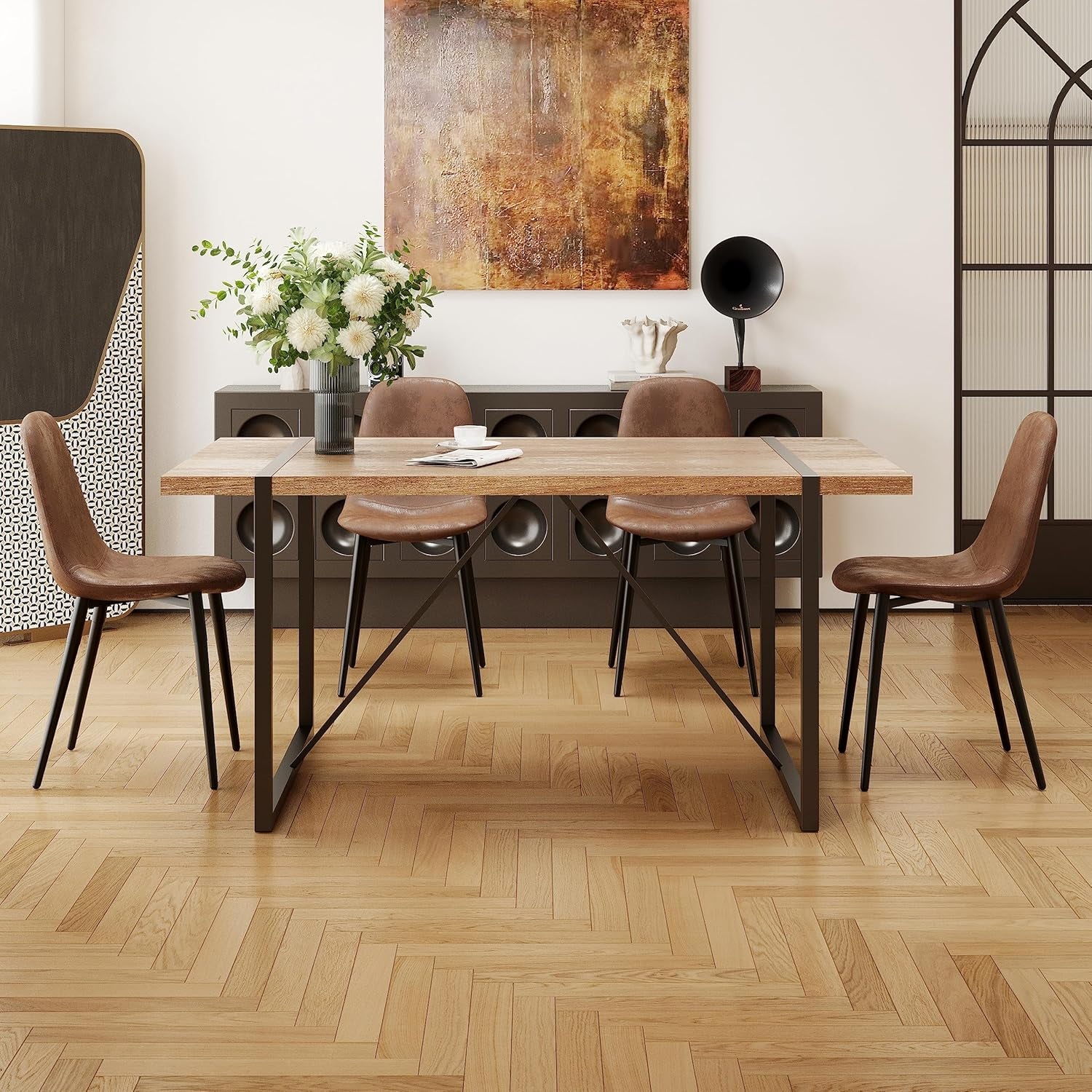 Dining Table Set for 4, Modern 55'' Wood Dinette Table Set for 4 with Fabric Dining Chairs,Table and Chairs Set of 4,Ideal for Kitchen Dining Room