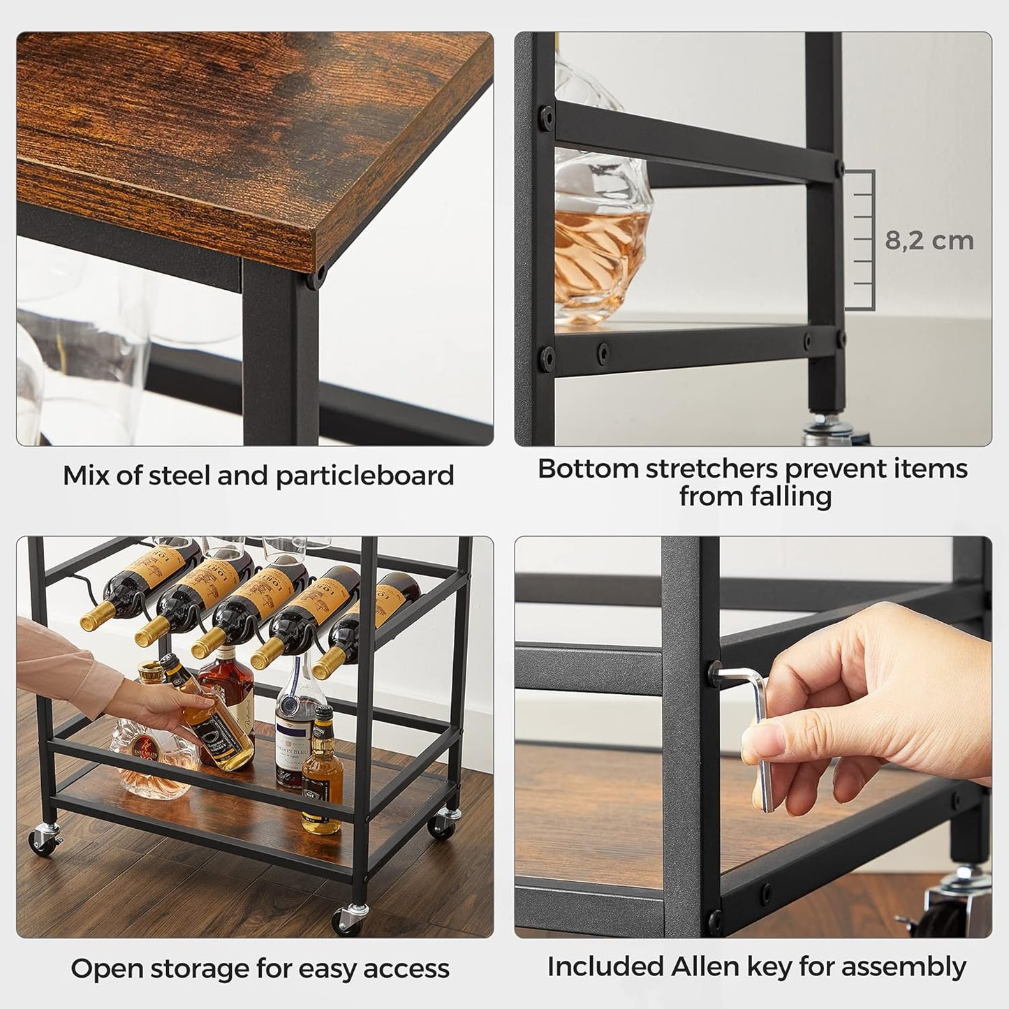 Bar Cart, Serving Cart with Wheels, Glass Stemware Rack and Wine Bottle Holders, 15.7 X 23.6 X 32.3 Inches, Industrial, Rustic Brown and Black ULRC087B01