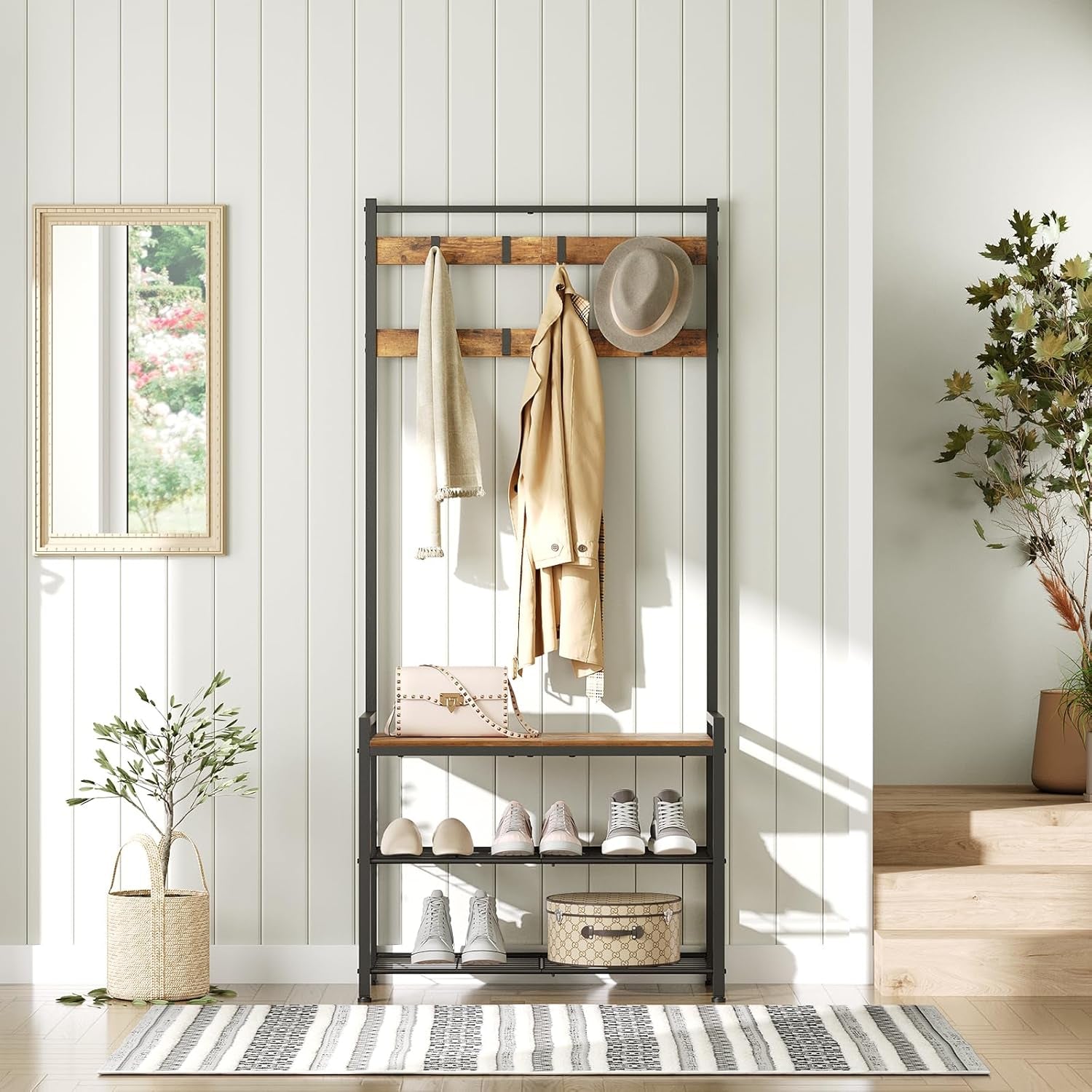 Hall Tree, Coat Rack with Shoe Bench, Entryway Bench with Shoe Storage, Multifunctional Entryway Storage Organizer, Metal Frame and 8 Movable Hooks, for Hallway, Rustic Brown MT01BR