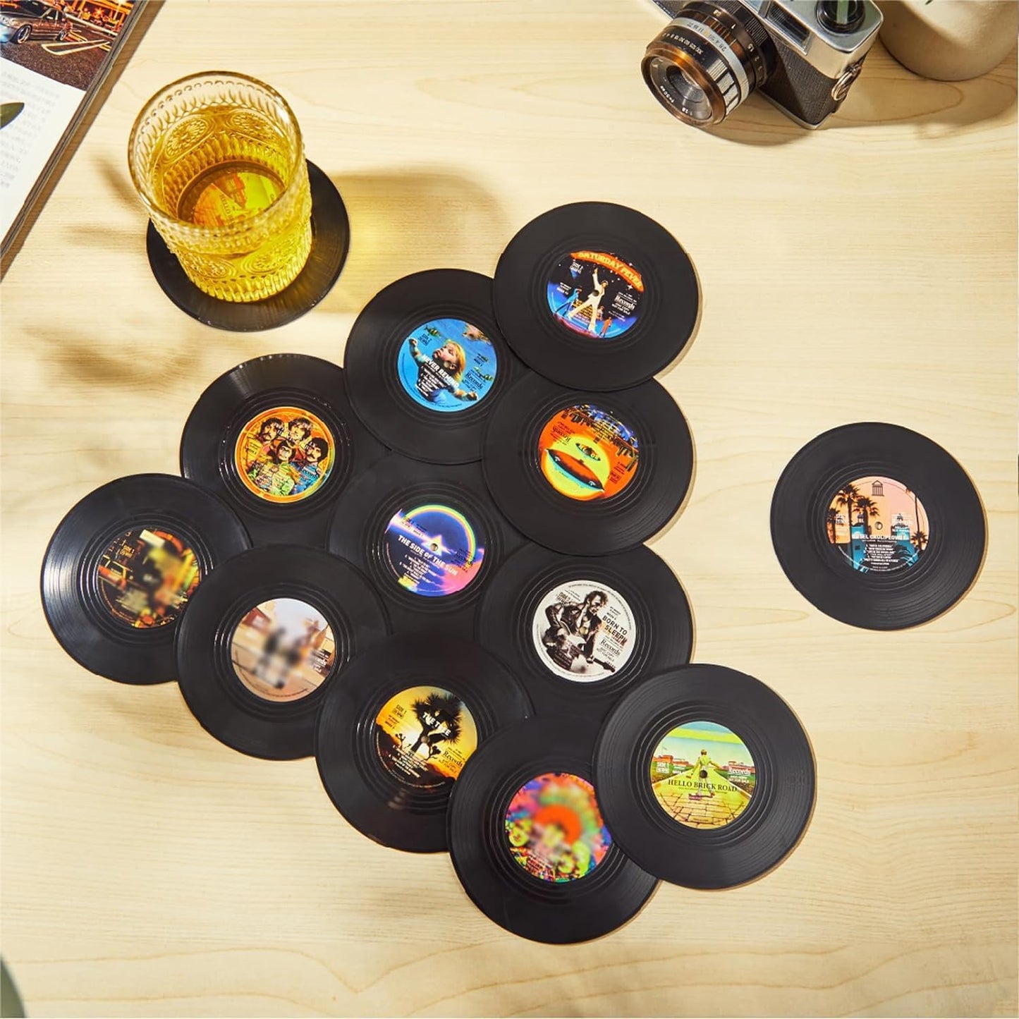 Funny Retro Vinyl Record Coasters, Creative Drink Coasters Set of 12 with Vinyl Record Player Holder for Music Lovers, Housewarming Hostess Gifts, Birthday and White Elephant Gifts Ideas