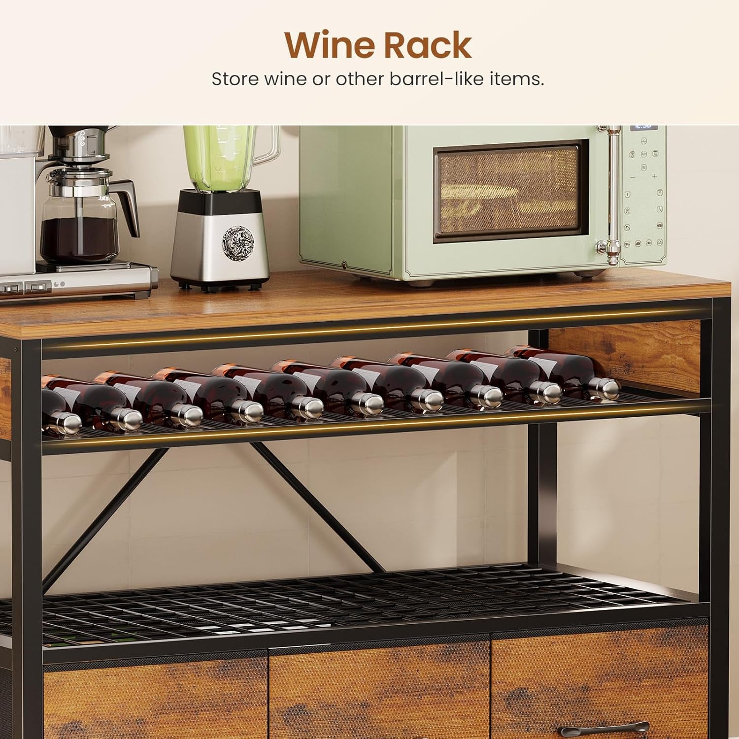 Bakers Rack with Storage and Power Outlet, 35.4 Inch Coffee Bar Cabinet, Microwave Stand Kitchen Cabinet with Hutch, LED Lights, Wine Rack and Hooks, Rustic Brown Rustic Brown