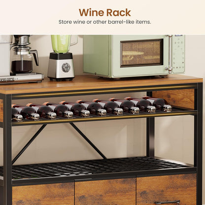 Bakers Rack with Storage and Power Outlet, 35.4 Inch Coffee Bar Cabinet, Microwave Stand Kitchen Cabinet with Hutch, LED Lights, Wine Rack and Hooks, Rustic Brown Rustic Brown