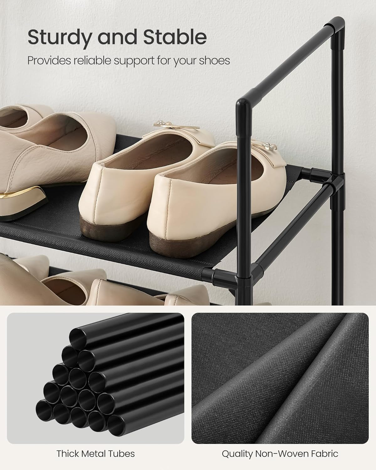 Shoe Rack, 10-Tier Shoe Shelf, Shoe Storage Organizer, 11 X 32.7 X 68 Inches, Metal Frame, Non-Woven Fabric Shelves, for Entryway, Bedroom, Black ULSH110BH01