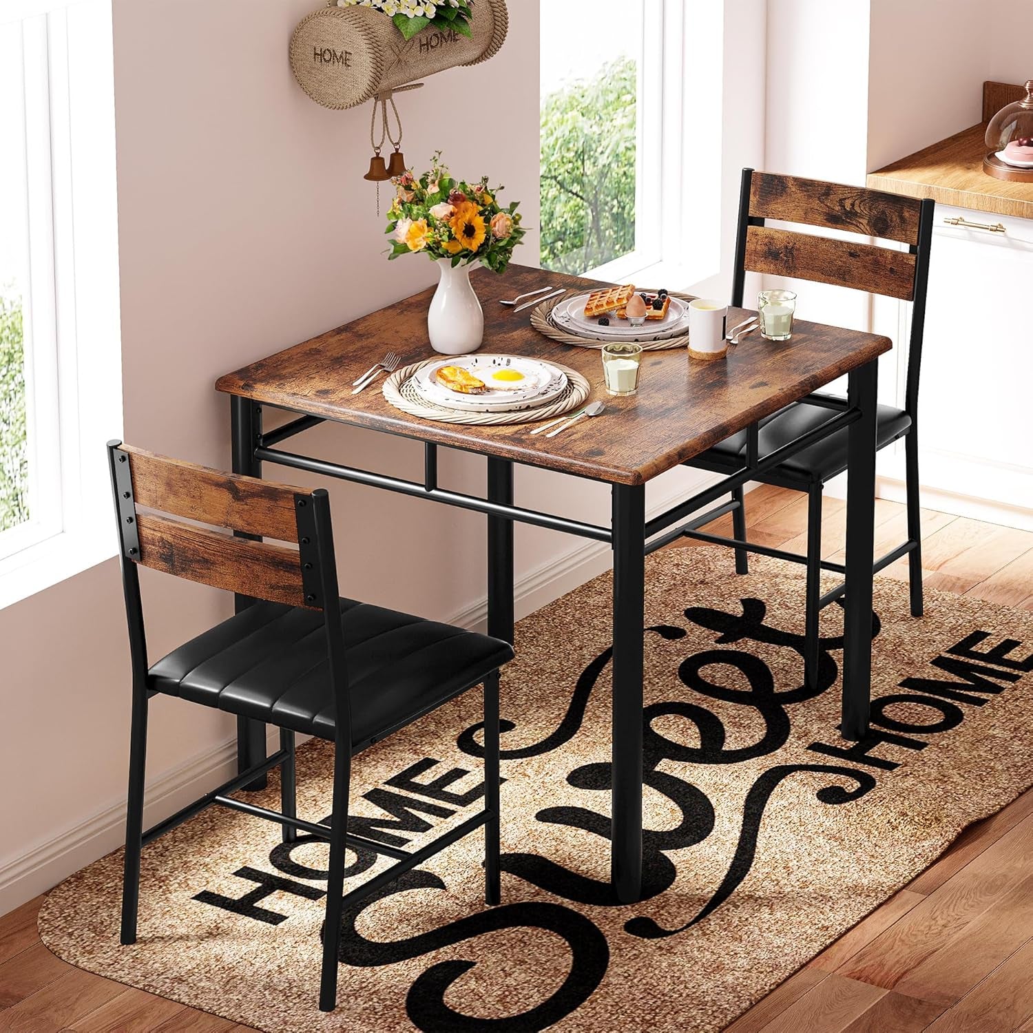 Dining Table Set for 2, Small Kitchen Table with Upholstered Chairs Dinning Table Set for Kitchen & Dining Room, Compact Dining Set for Small Spaces, Rustic Brown