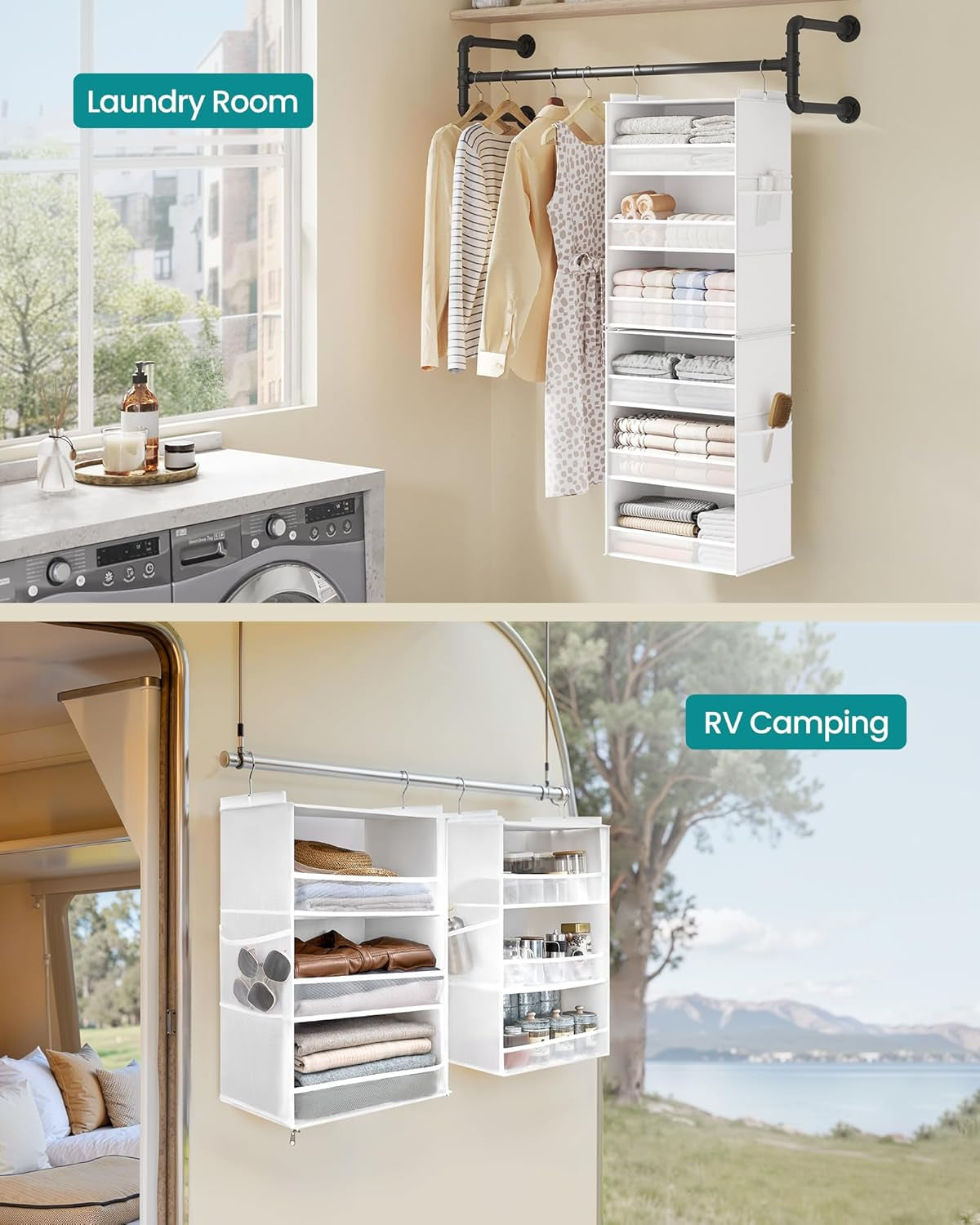 Hanging Closet Organizer, 6-Tier Fabric Storage Shelf, Separable Closet Hanging Shelf with Side Pockets, Foldable, Metal Hooks and Bamboo Inserts, Cloud White URCH007W01