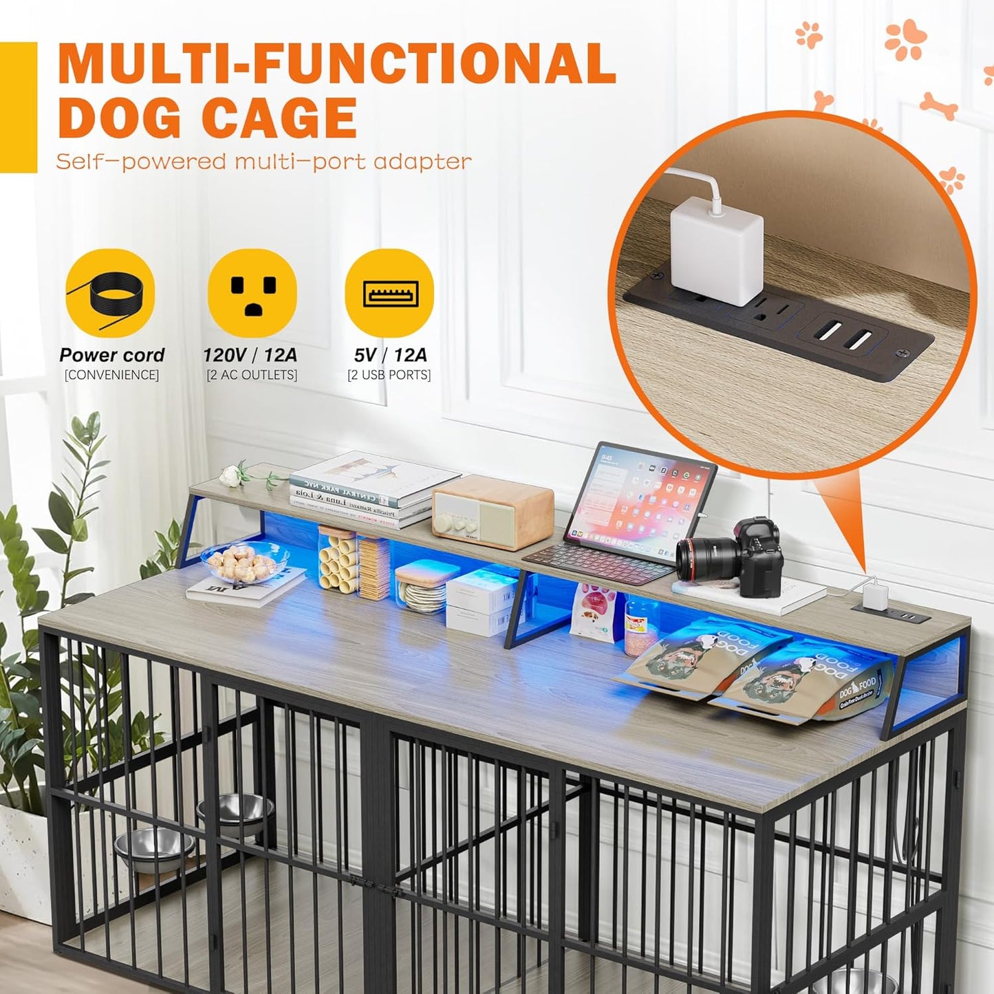 71" Dog Crate Furniture, Heavy Duty Large Dog Cage W/360° Rotating Feeder & LED Light & Power Outlets for 2 Dogs, XXL Double Dogs Kennel Furniture Indoor W/4 Lockable Doors & TV Stand Shelves