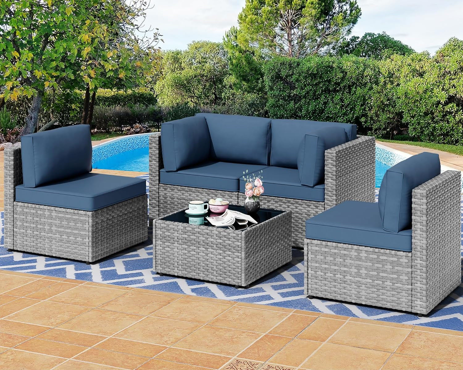 5 Pieces Outdoor Patio Furniture Sets, Patio Sectional Sofa Couch, Gray PE Wicker Furniture Modular Patio Conversation Sets Patio Sofa with Washable Cushions & Table（Aegean Blue）