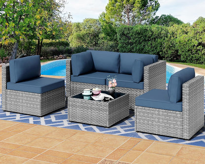 5 Pieces Outdoor Patio Furniture Sets, Patio Sectional Sofa Couch, Gray PE Wicker Furniture Modular Patio Conversation Sets Patio Sofa with Washable Cushions & Table（Aegean Blue）