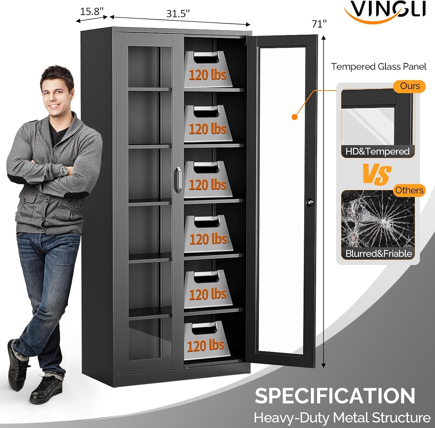 Lockable Display Cabinet with Glass Doors & 5 Adjustable Shelves, 71" Tall Black Metal Storage Cabinet Curio Liquor, Bookshelf Bookcase for Home Office Living Room Pantry Garage