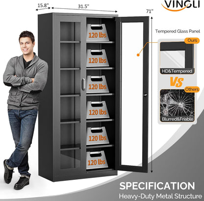 Lockable Display Cabinet with Glass Doors & 5 Adjustable Shelves, 71" Tall Black Metal Storage Cabinet Curio Liquor, Bookshelf Bookcase for Home Office Living Room Pantry Garage