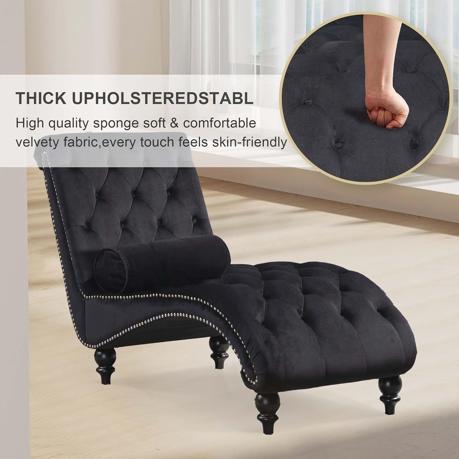 Chaise Lounge Indoor,Velvet Upholstered Lounge Chair Button-Tufted Armless Chair with Pillow, for Bedroom Living Room Office Modern Backrest Leisure Recliner Sleep Sofa,Black