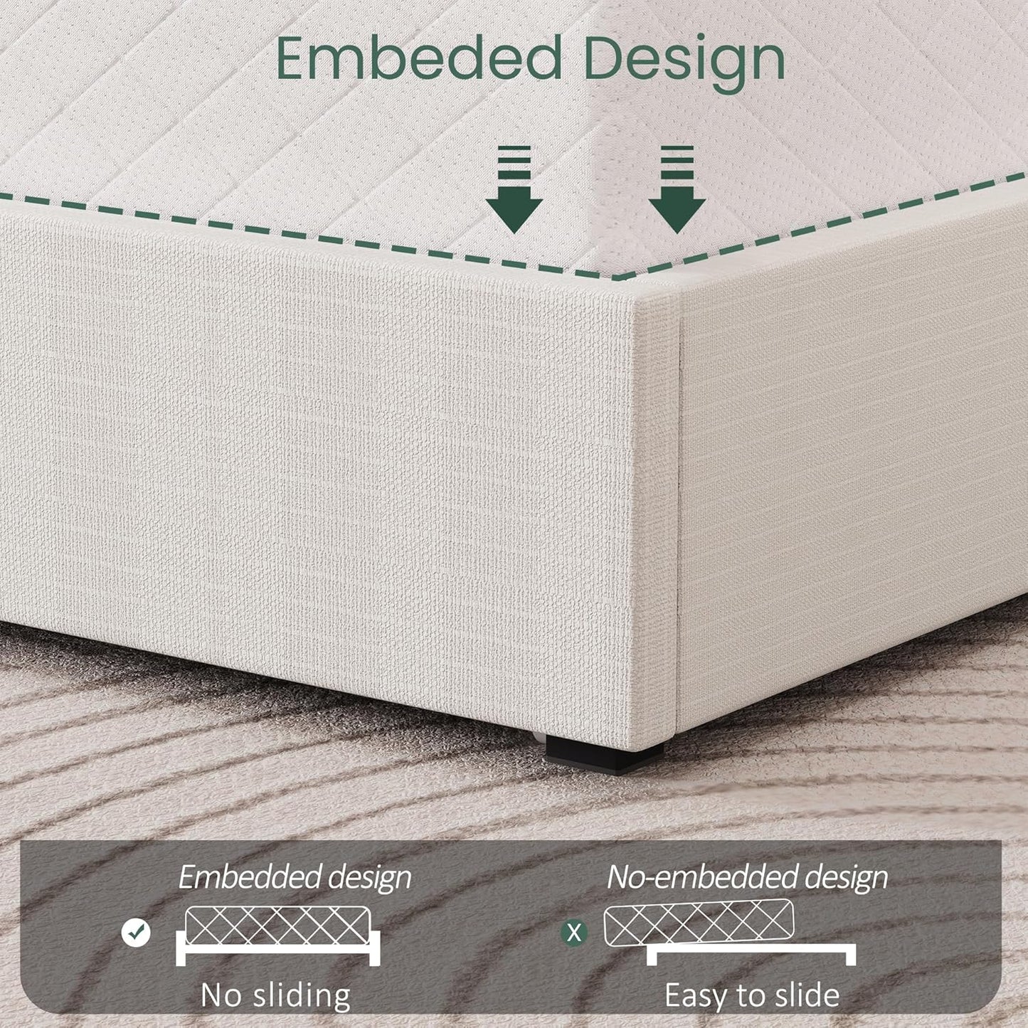 Queen Size Bed Frame with 4 Storage Drawers and Wingback Headboard Linen Upholstered Platform Bed Frame with Wooden Slats, Easy Assembly, White