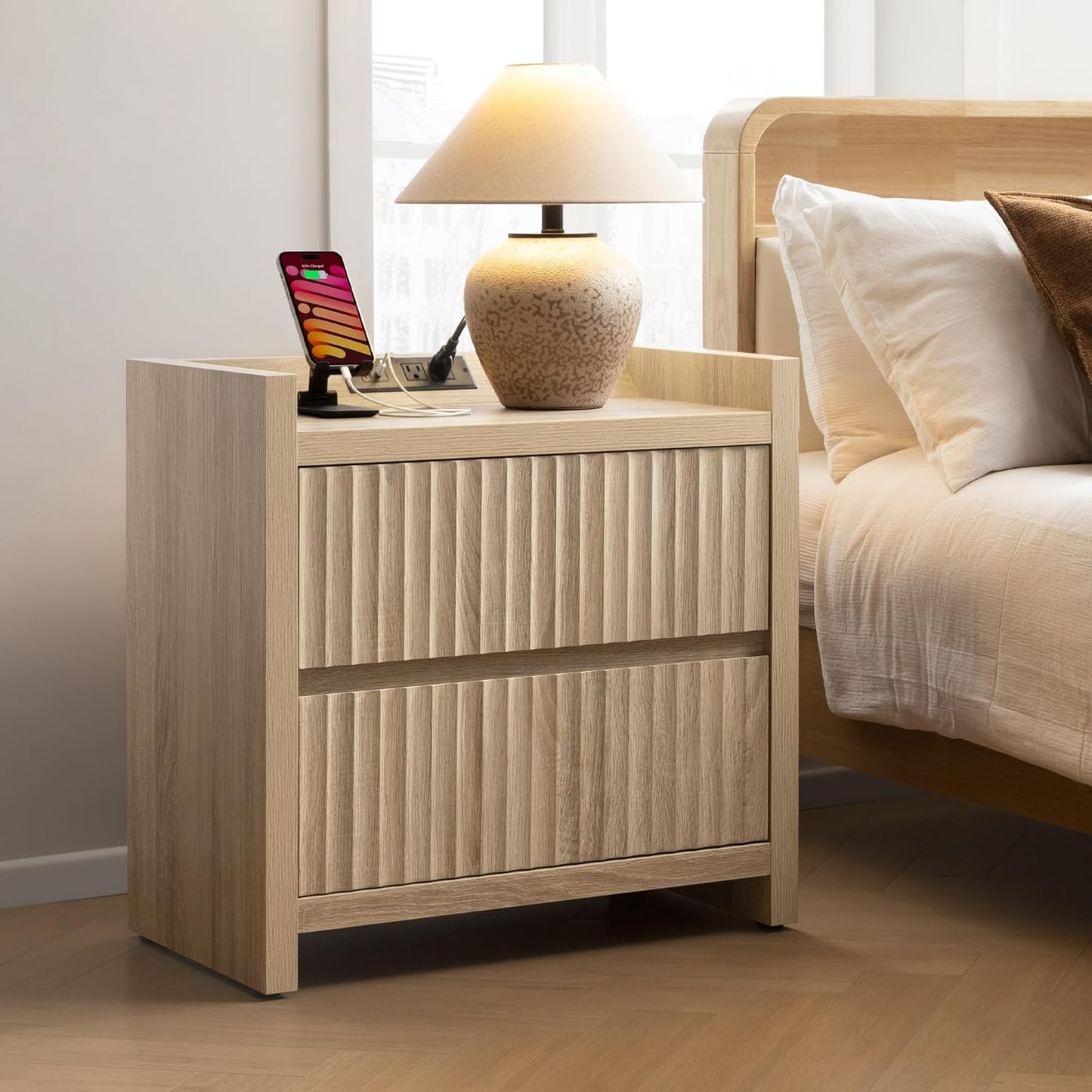 Fluted Night Stand Set 2 - Nightstands with Charger Station, Large Modern Bedside Table End Table with 2 Drawers, 25" Wide Farmhouse Nightstand for Bedroom (Light Oak, 2 Pieces)