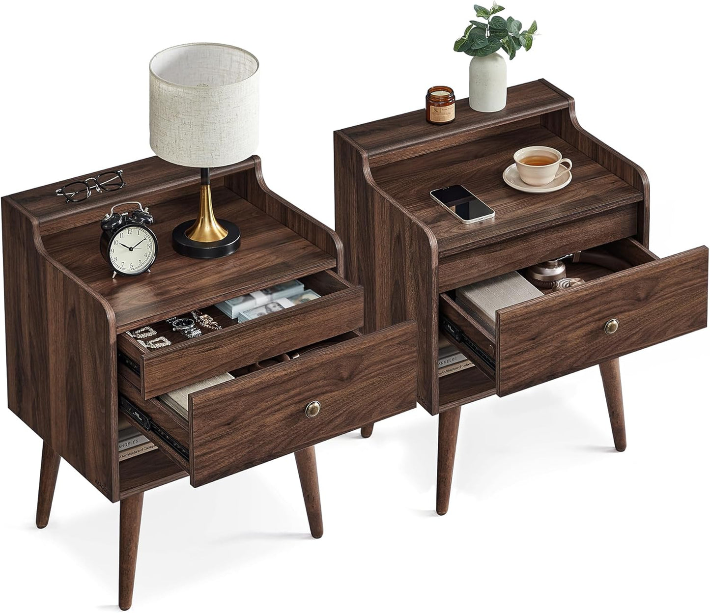 Nightstands, Set of 2, Bedside Tables with Hidden Drawers, Mid-Century End Side Tables with Solid Wood Legs, for Bedroom, Natural Walnut ULET624K01
