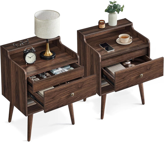 Nightstands, Set of 2, Bedside Tables with Hidden Drawers, Mid-Century End Side Tables with Solid Wood Legs, for Bedroom, Natural Walnut ULET624K01