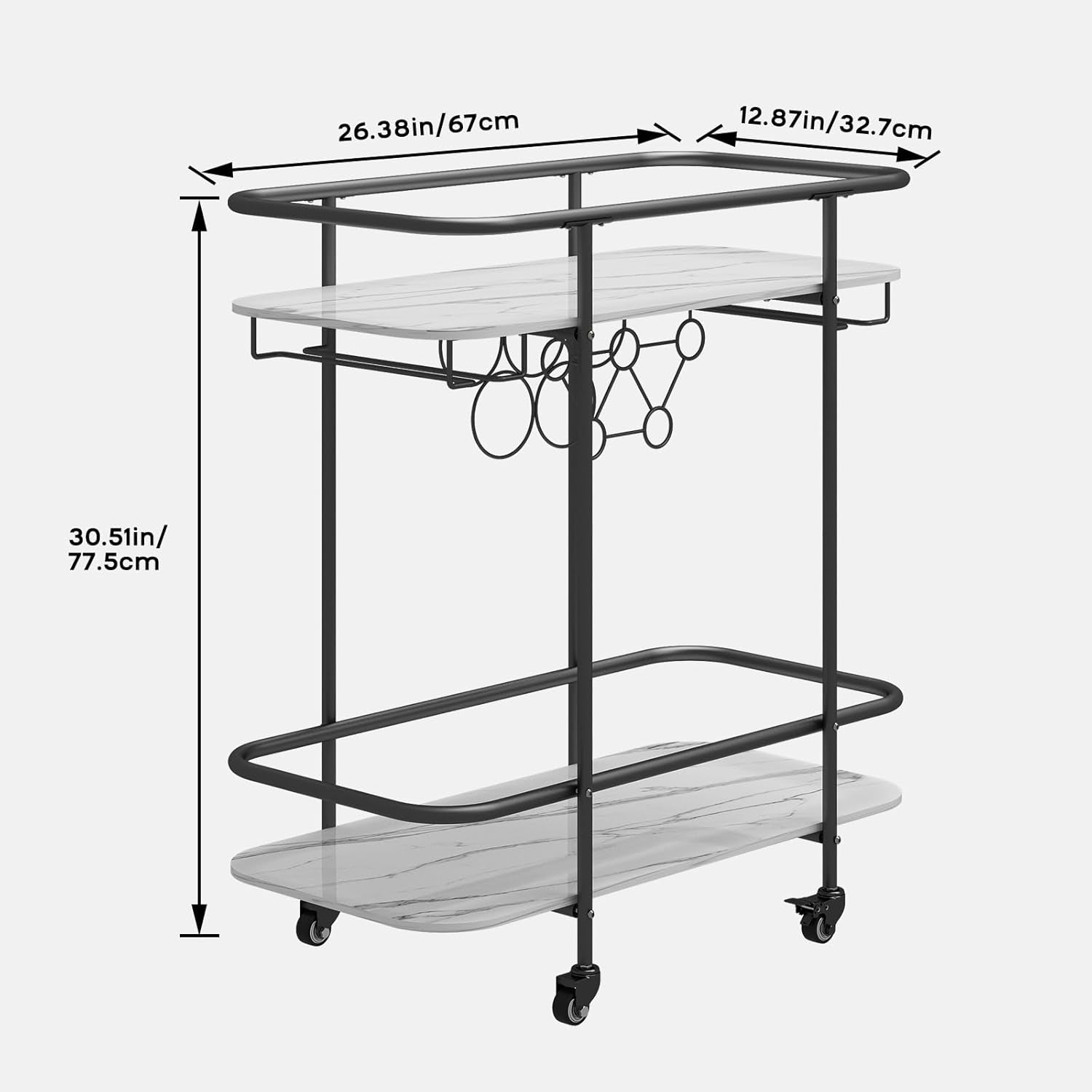 Black Home Bar Cart on Wheels, Mobile Serving Wine Cart with Glass Holder and Wine Rack, Modern Rolling Drink Trolley for Coffee Tea Wine, Beverage Bar Cart for Dinning Room Kitchen Party Black