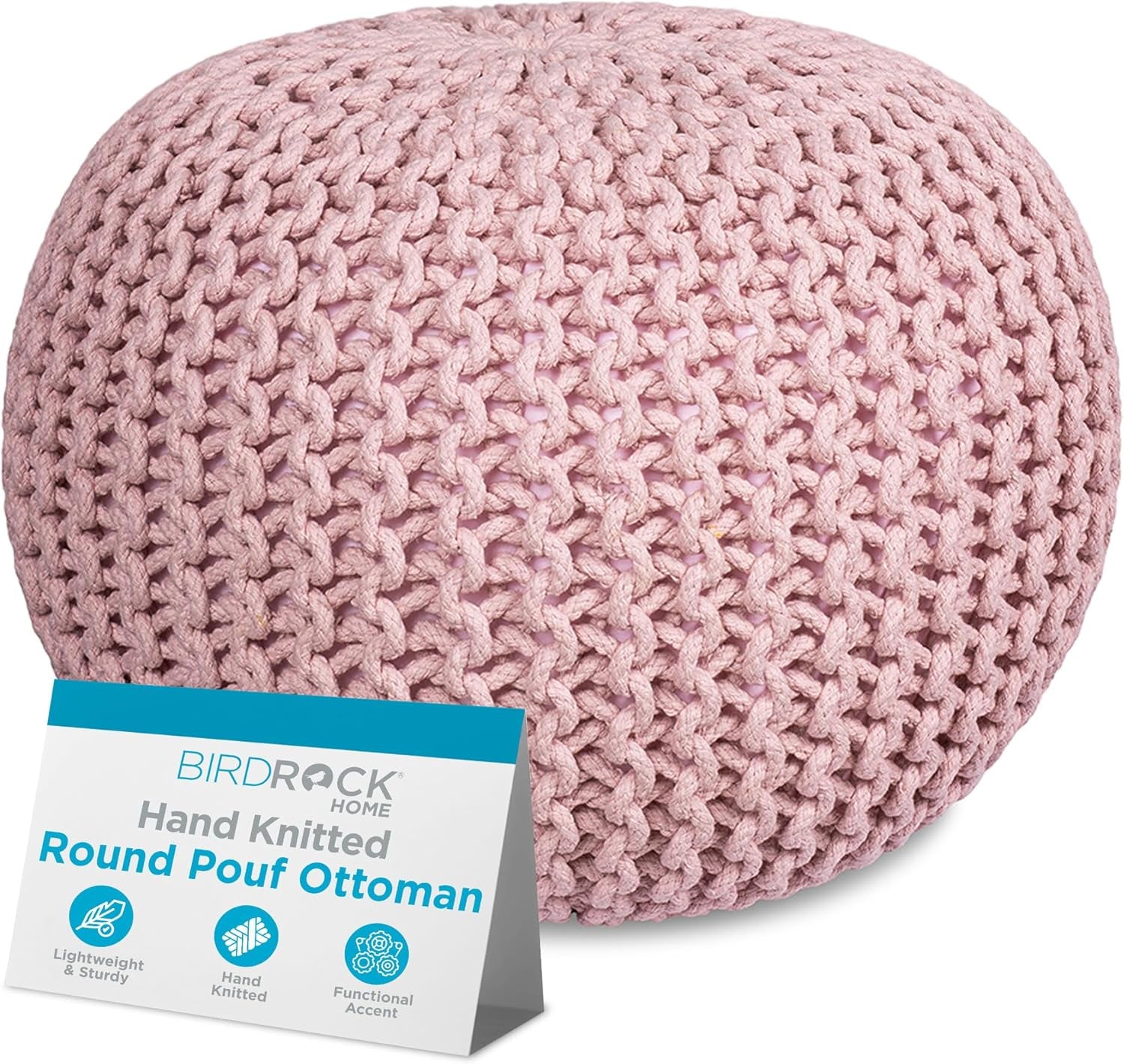 round Pouf Ottoman | Cotton Braided Foot Stool with Bean Bag Filling | Boho Foot Rest for Living Room & Bedroom | Compact & Comfortable Seating, Lightweight & Soft | Dusty Rose
