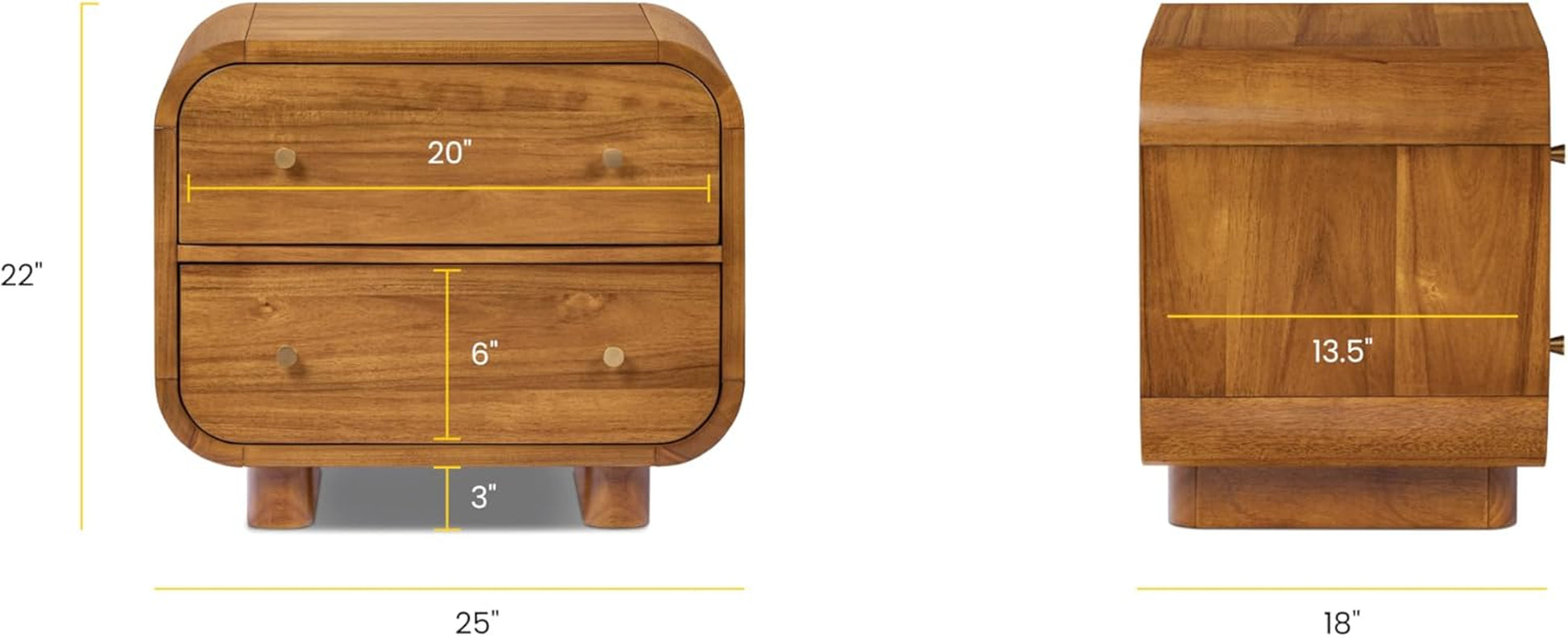 Oslo 22” Nightstand – Mid-Century Modern Bedside Table with Soft-Close Drawers, Solid and Veneered Acacia Wood Construction, Brass Handles, Light Brown Finish