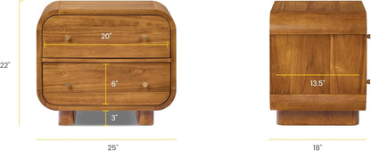 Oslo 22” Nightstand – Mid-Century Modern Bedside Table with Soft-Close Drawers, Solid and Veneered Acacia Wood Construction, Brass Handles, Light Brown Finish