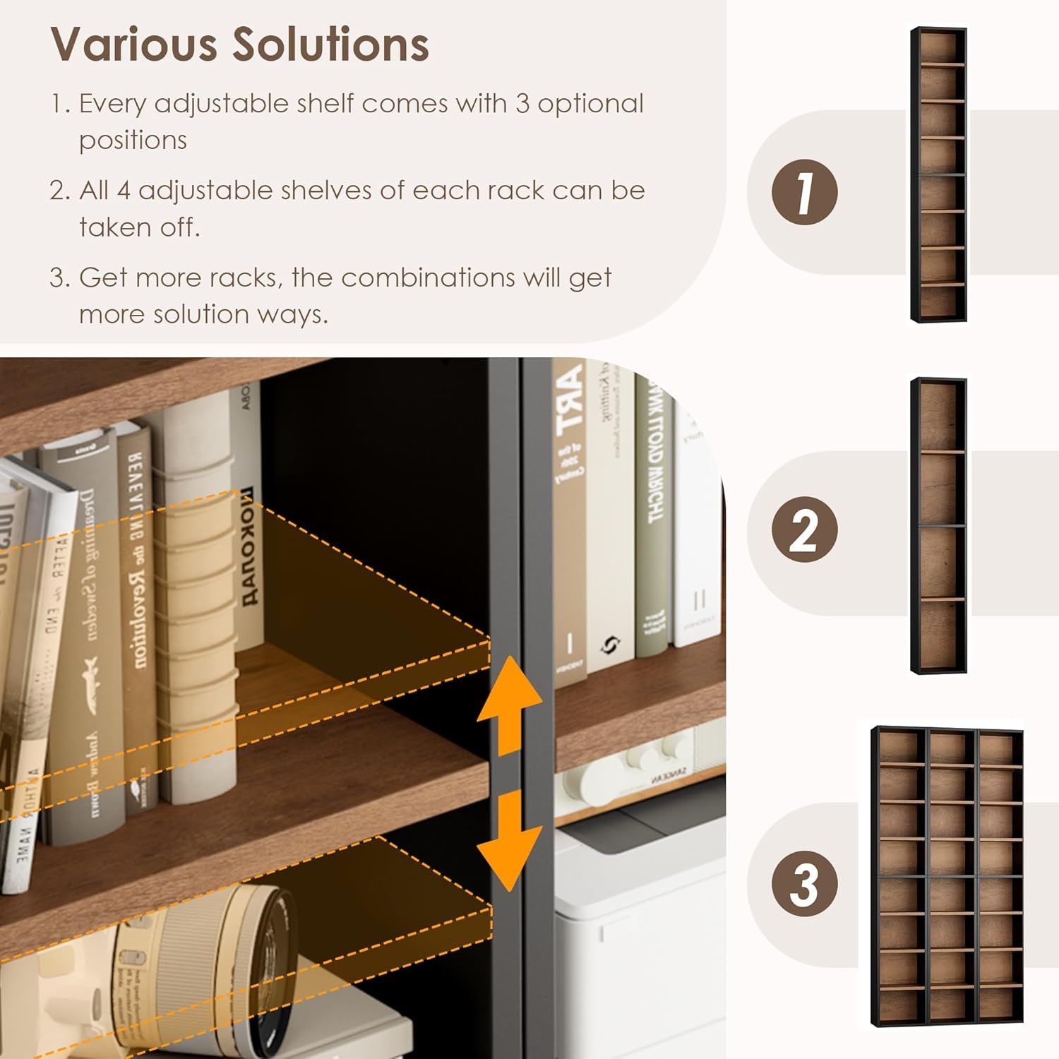 2 Pcs 71'' Tall Narrow Bookshelf, 8-Tier Media Tower Rack Set of 2, CD DVD Storage Cabinet with Adjustable Shelves, Tall Narrow Bookcase Skinny Display Bookshelf Slim Shelf, Black/Brown