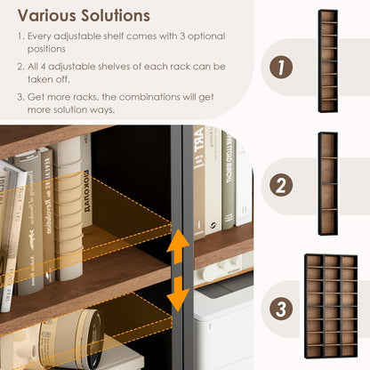 2 Pcs 71'' Tall Narrow Bookshelf, 8-Tier Media Tower Rack Set of 2, CD DVD Storage Cabinet with Adjustable Shelves, Tall Narrow Bookcase Skinny Display Bookshelf Slim Shelf, Black/Brown
