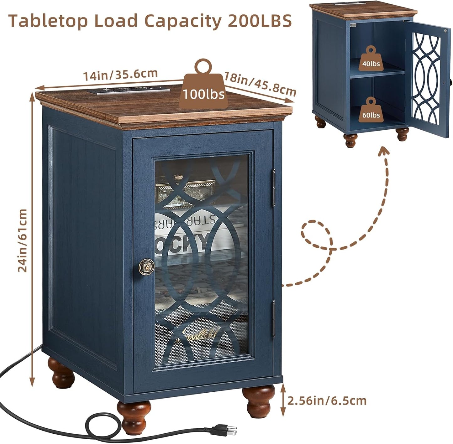 Narrow Side Table with Charging Station, Night Stand with Glass Door, Bedside End Tables with Adjustable Shelf Storage Cabinet,Wood Nightstand for Small Spaces Living Room Bedroom