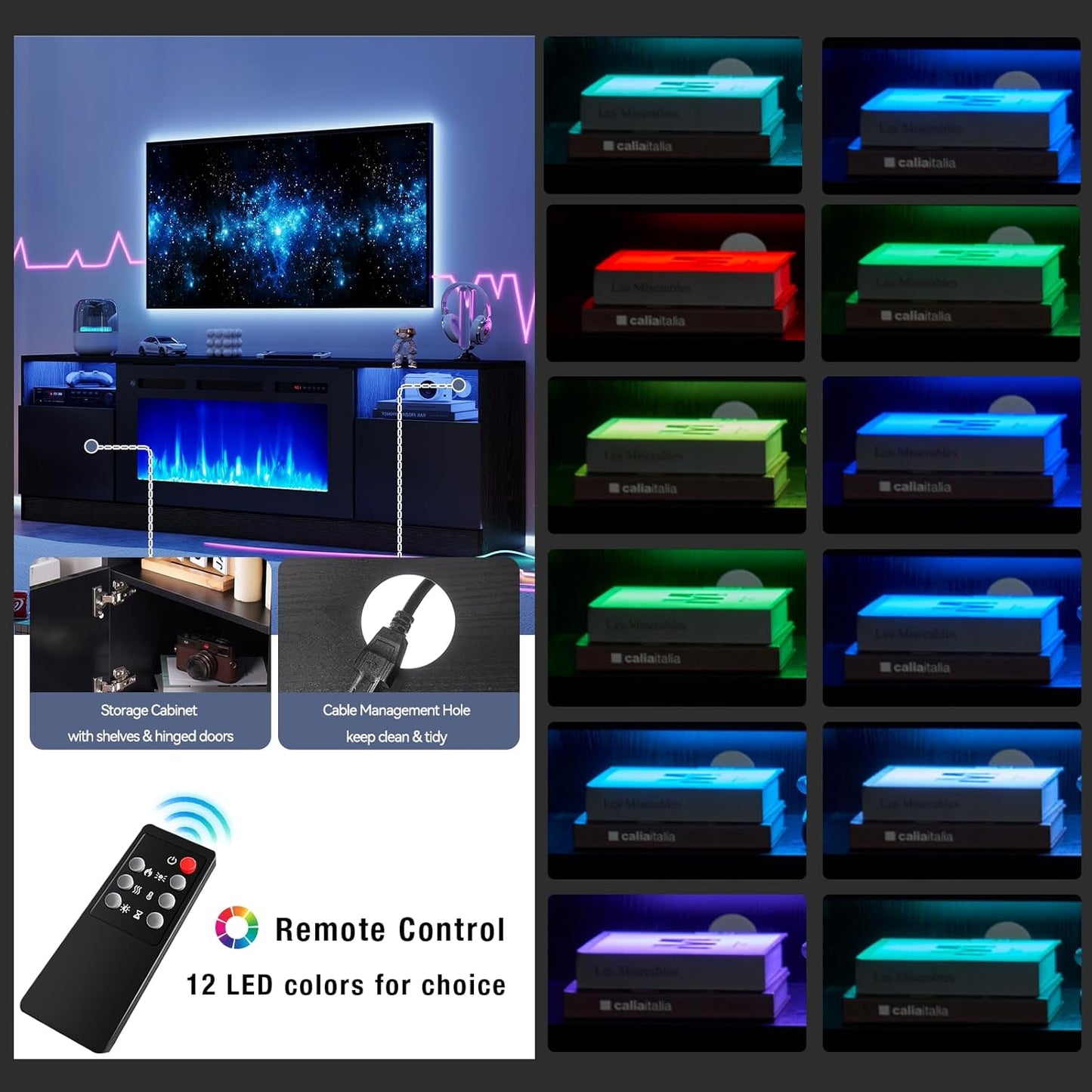 70" Fireplace TV Stand with 36" Electric Fireplace, LED Light Entertainment Center for Tvs up to 80", High-Gloss Door, Modern TV Console for Living Room with Storage Cabinet, Black+Black